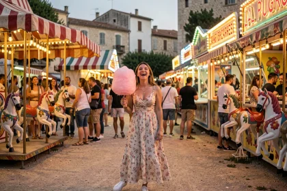 Jeune femme souriante tenant une barbe à papa rose à la fête foraine de Marseille au crépuscule