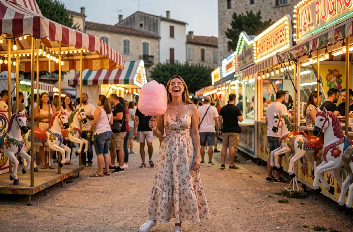 Jeune femme souriante tenant une barbe à papa rose à la fête foraine de Marseille au crépuscule