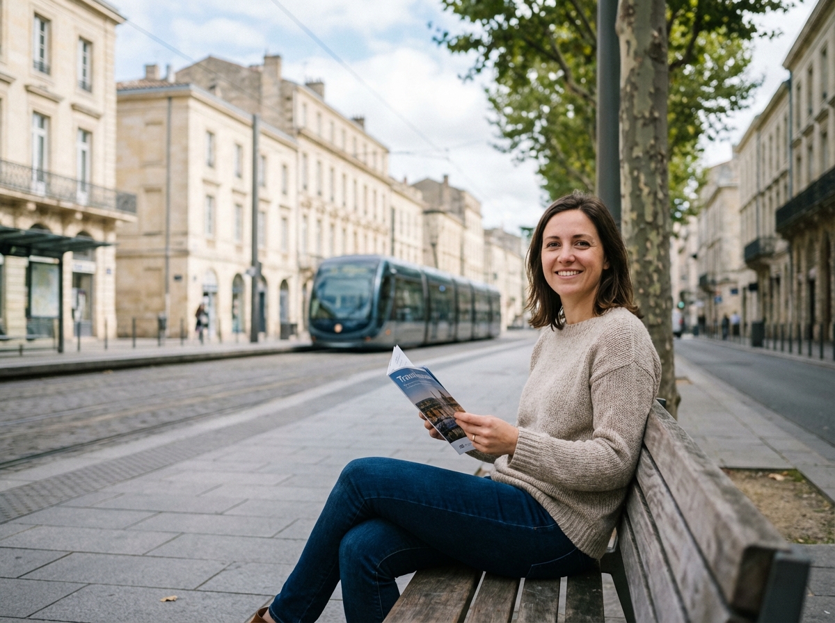 Femme assise à Bordeaux regardant une brochure