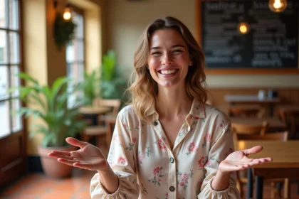 Femme souriante dans un café espagnol exprimant sa gratitude avec gestes naturels, illustration de l'expression muchas gracias