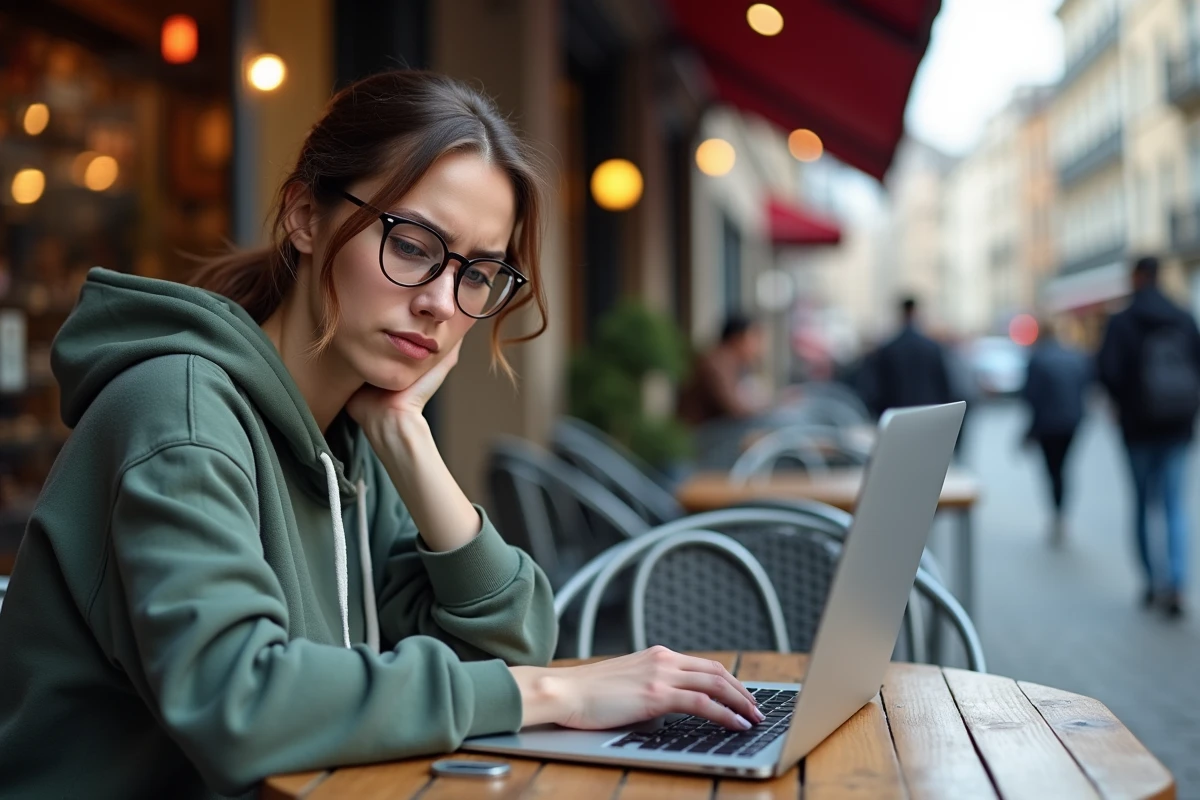 Femme sceptique avec ordinateur dans un café urbain