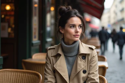 Femme assise dans un café parisien contemplatif
