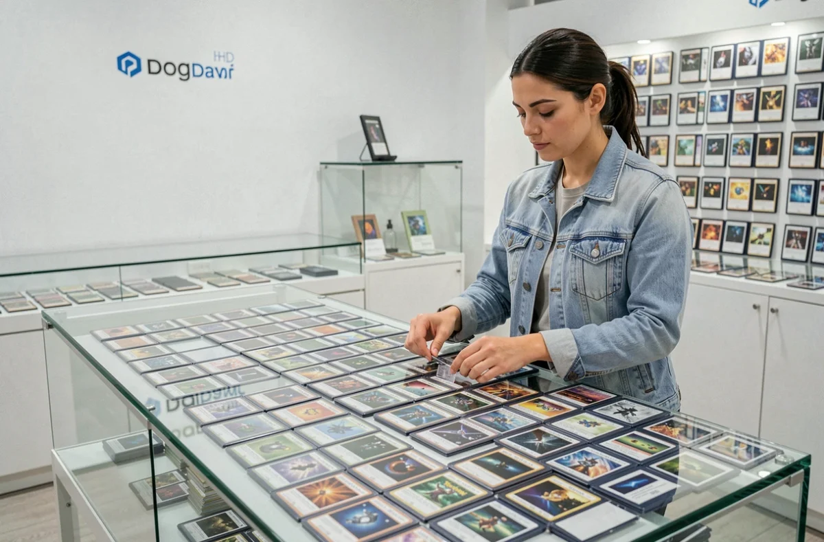 Femme triant des cartes Pokémon gradées dans une boutique spécialisée pour optimiser son portefeuille de collection