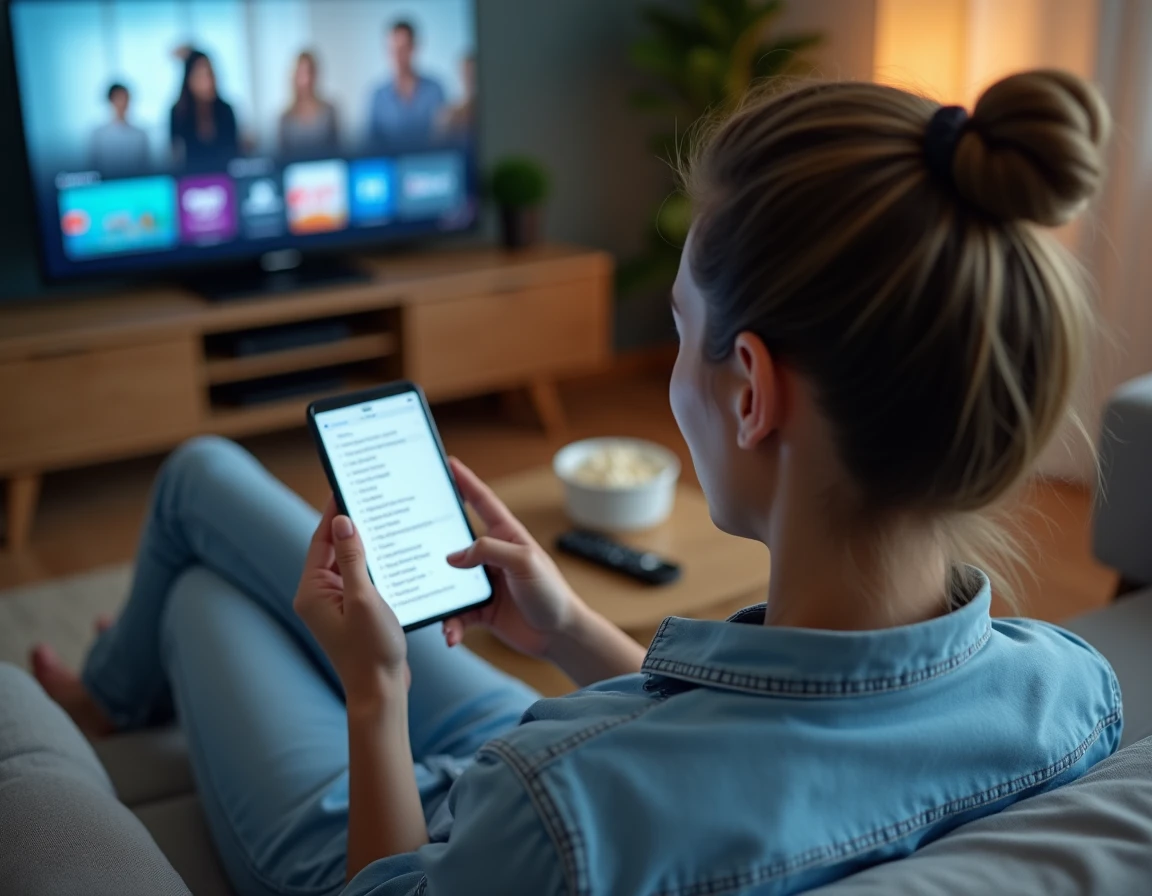 Femme consultant des liens de streaming sur son smartphone depuis son canapé avec un écran TV en arrière-plan