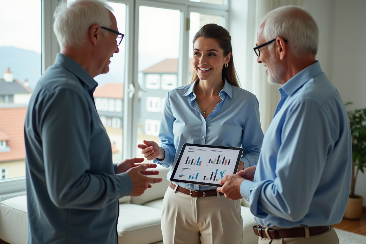 Femme souriante montre des graphiques immobiliers à un couple