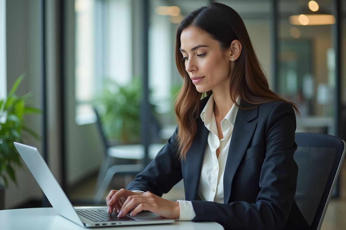 Consultante HR en visioconference dans un espace de travail lumineux