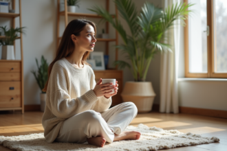 Femme contemplative assise dans un salon minimaliste