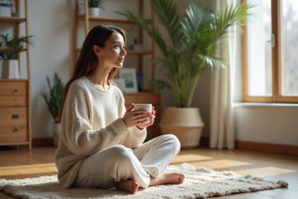 Femme contemplative assise dans un salon minimaliste