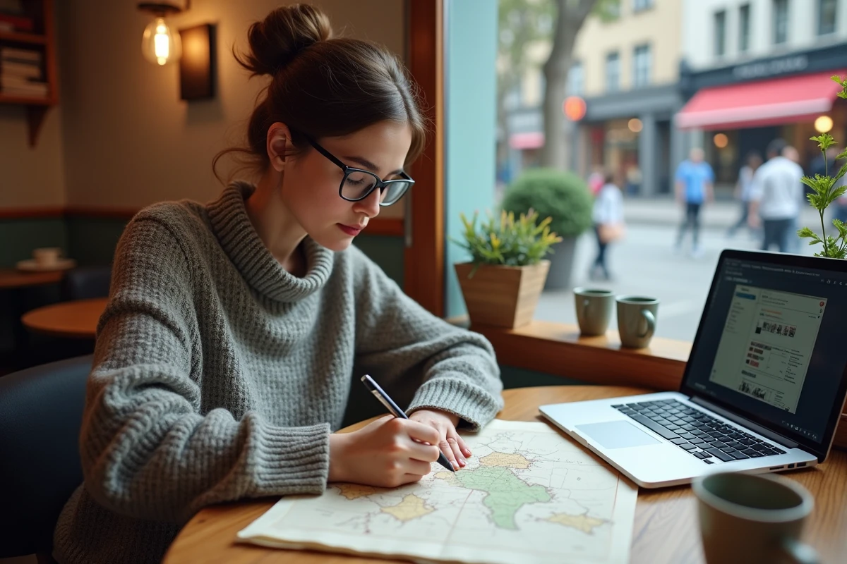 Femme dessinant une carte dans un café animé