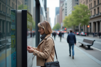 Femme d'âge moyen utilisant un kiosque interactif en ville