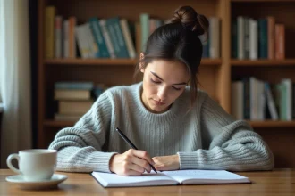 Femme concentrée en train d'écrire dans un cahier à son bureau, illustrant la correction orthographique du participe passé mis ou mit en français