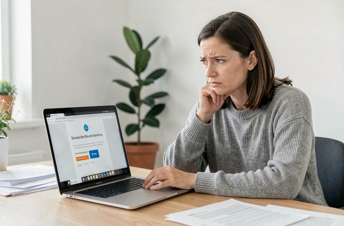 Femme frustrée devant un ordinateur portable affichant une erreur de navigateur dans un bureau à domicile