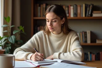Femme étudiant les règles d'accord du COD en français avec des notes manuscrites et des livres de grammaire ouverts sur un bureau en bois