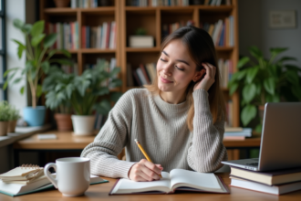 Jeune femme prenant des notes dans un bureau cosy