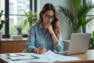 Femme d affaires examine des documents financiers chez elle