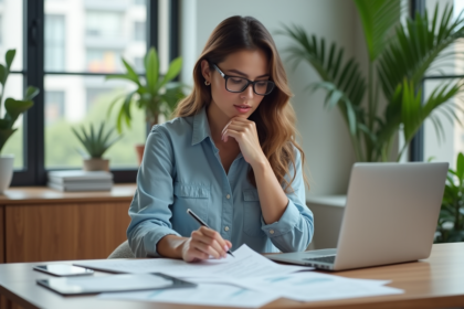 Femme d affaires examine des documents financiers chez elle