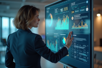 Femme en costume professionnel analysant des tableaux de gestion