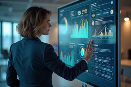 Femme en costume professionnel analysant des tableaux de gestion