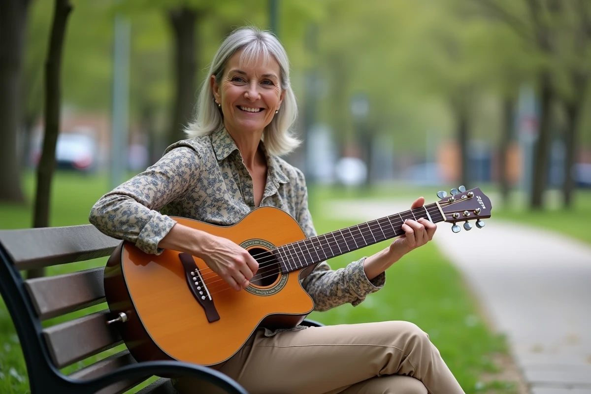 Femme jouant de la guitare dans un parc urbain