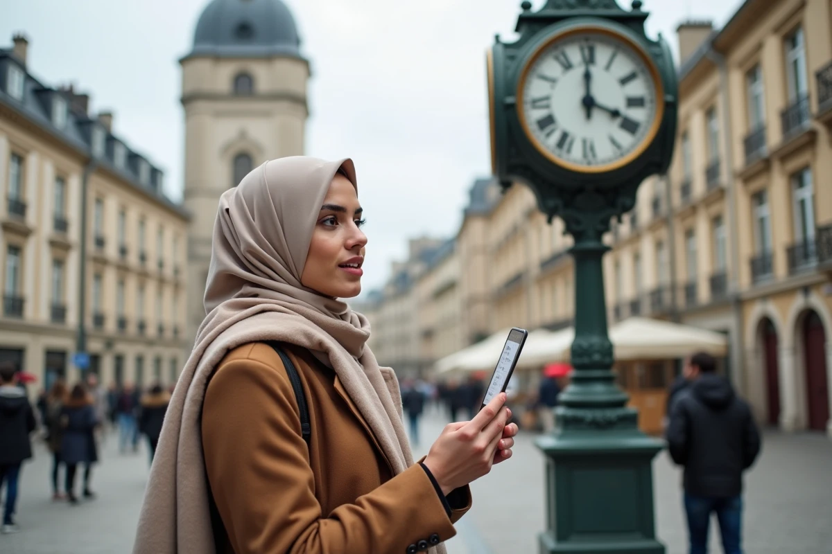 Jeune femme en hijab comparant un horaire à une horloge à Reims