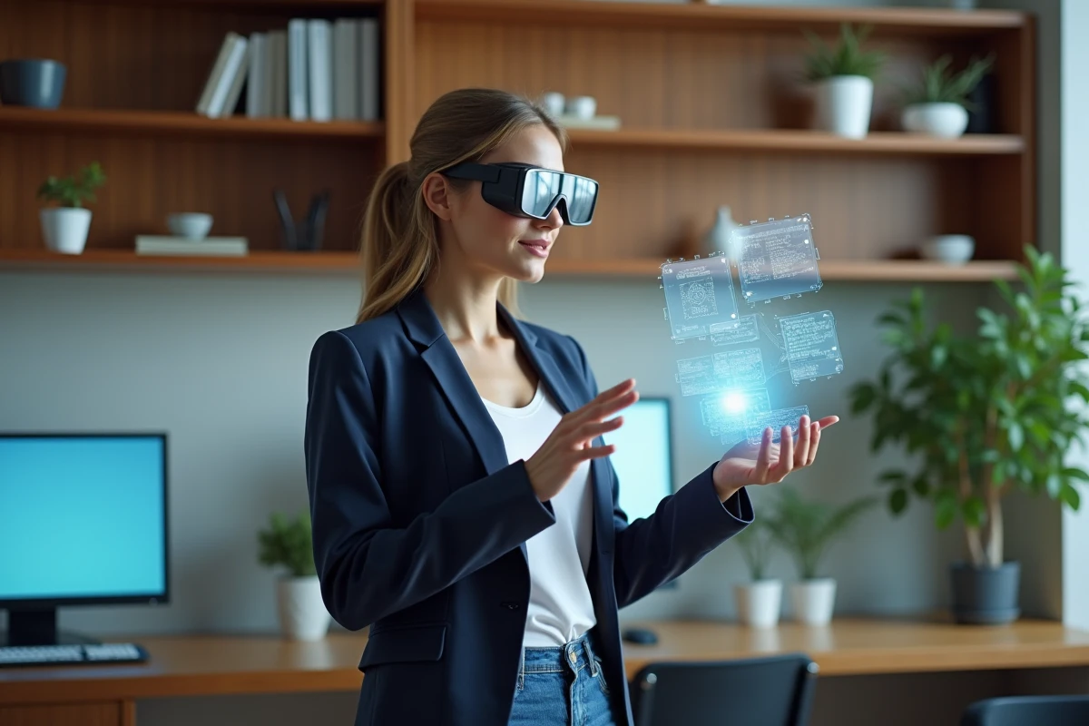 Jeune femme en réalité augmentée dans un bureau moderne