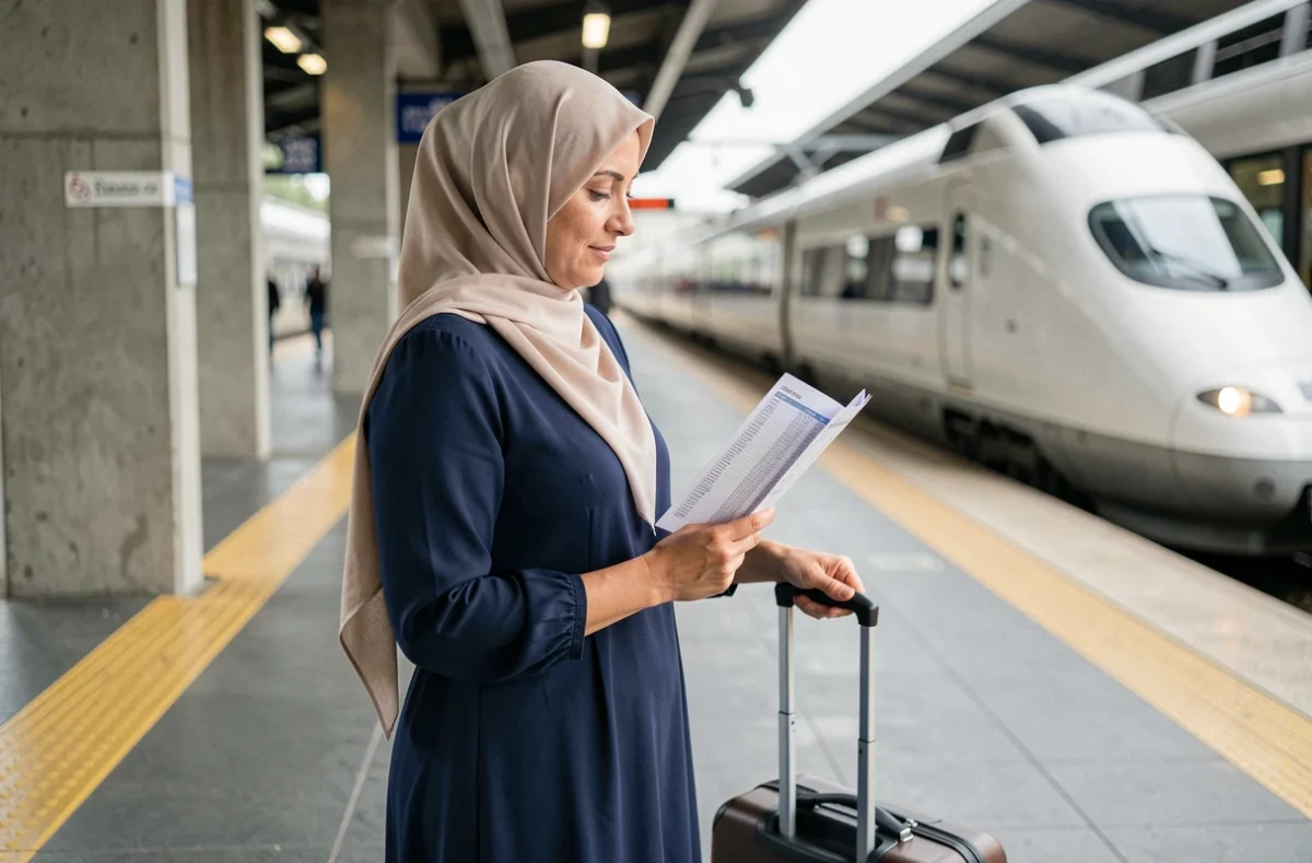 Femme voilée consultant un calendrier de prière sur un quai de gare à Nantes avant un voyage en train
