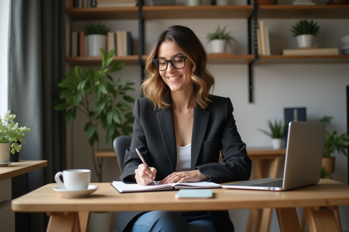 Femme souriante écrivant des idées d'affaires dans un bureau cosy