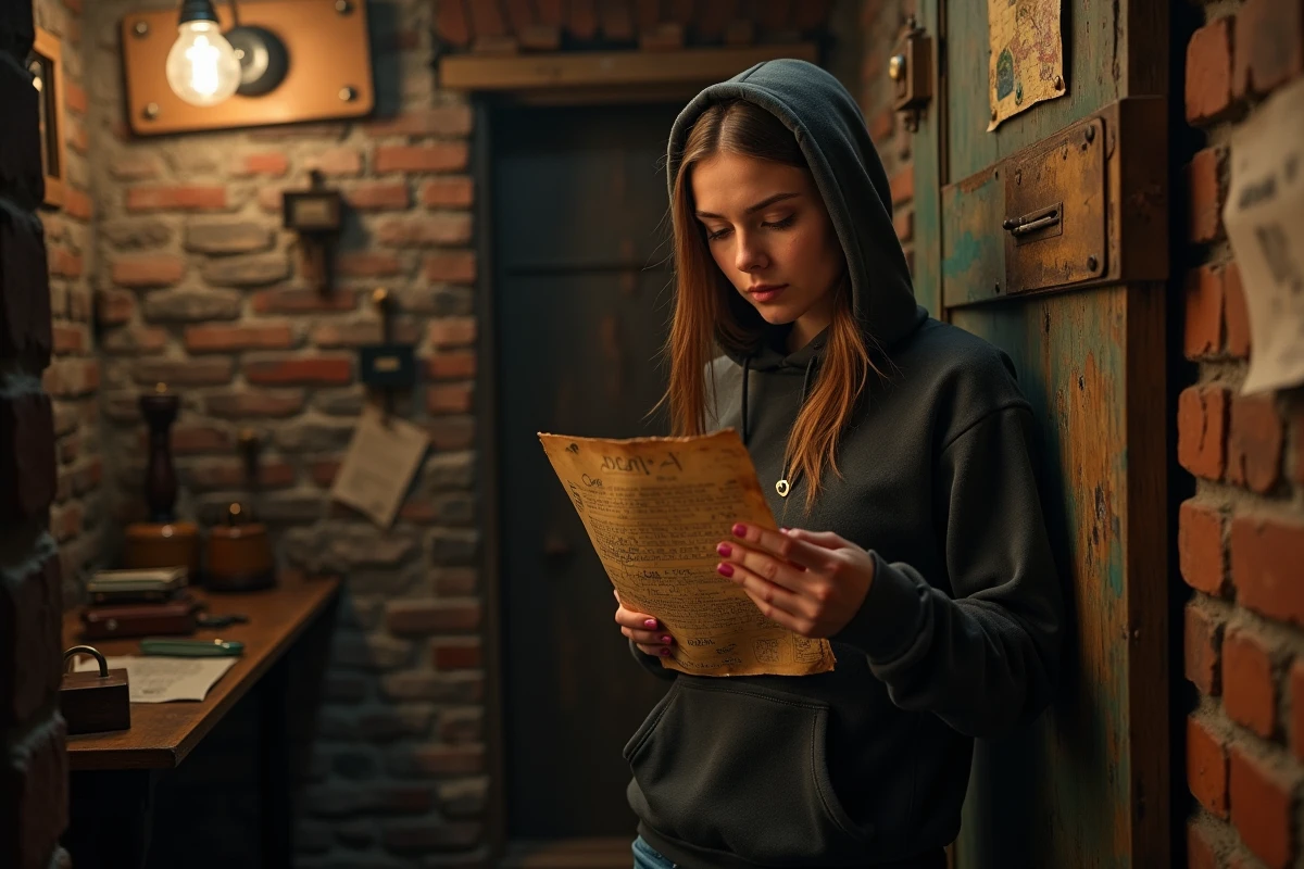 Jeune femme étudiant des indices dans une salle d'escape game avec une feuille de solution manuscrite devant une porte verrouillée
