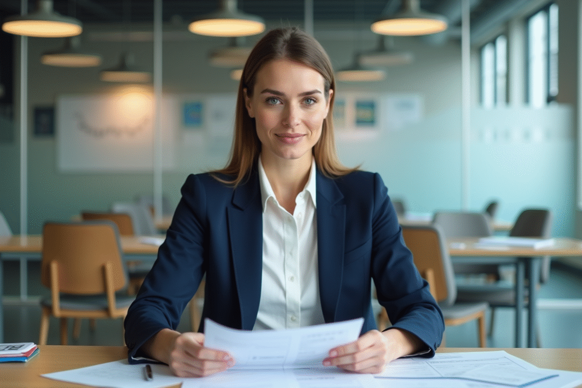 Femme professionnelle analysant documents ESG en bureau