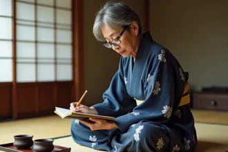 Femme japonaise en yukata résolvant un mots-croisés dans une maison traditionnelle de Kyoto