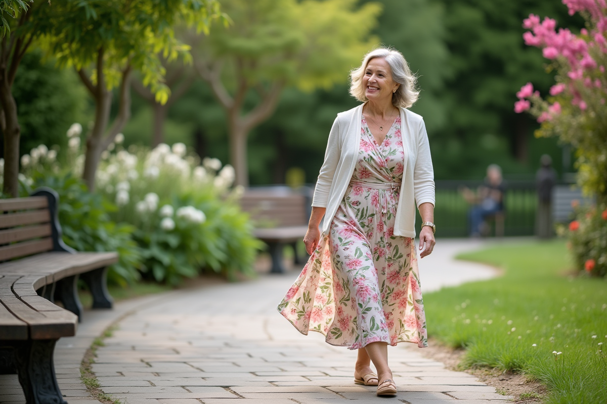 Femme de 65 ans marchant dans un jardin fleuri