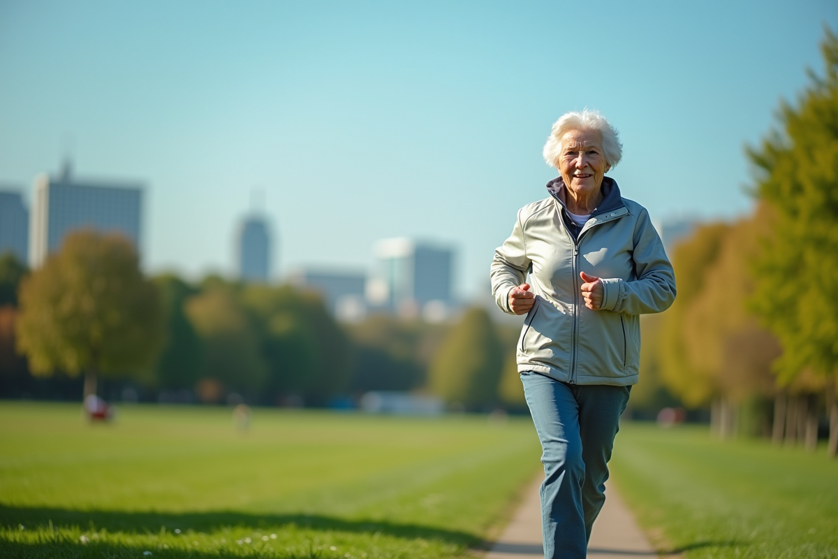 Femme âgée courant dans un parc vert ensoleillé avec un regard déterminé