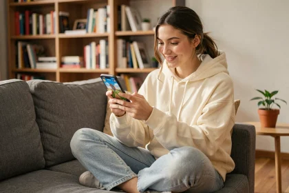 Jeune femme jouant à des jeux mobiles sur son smartphone depuis son canapé à la maison