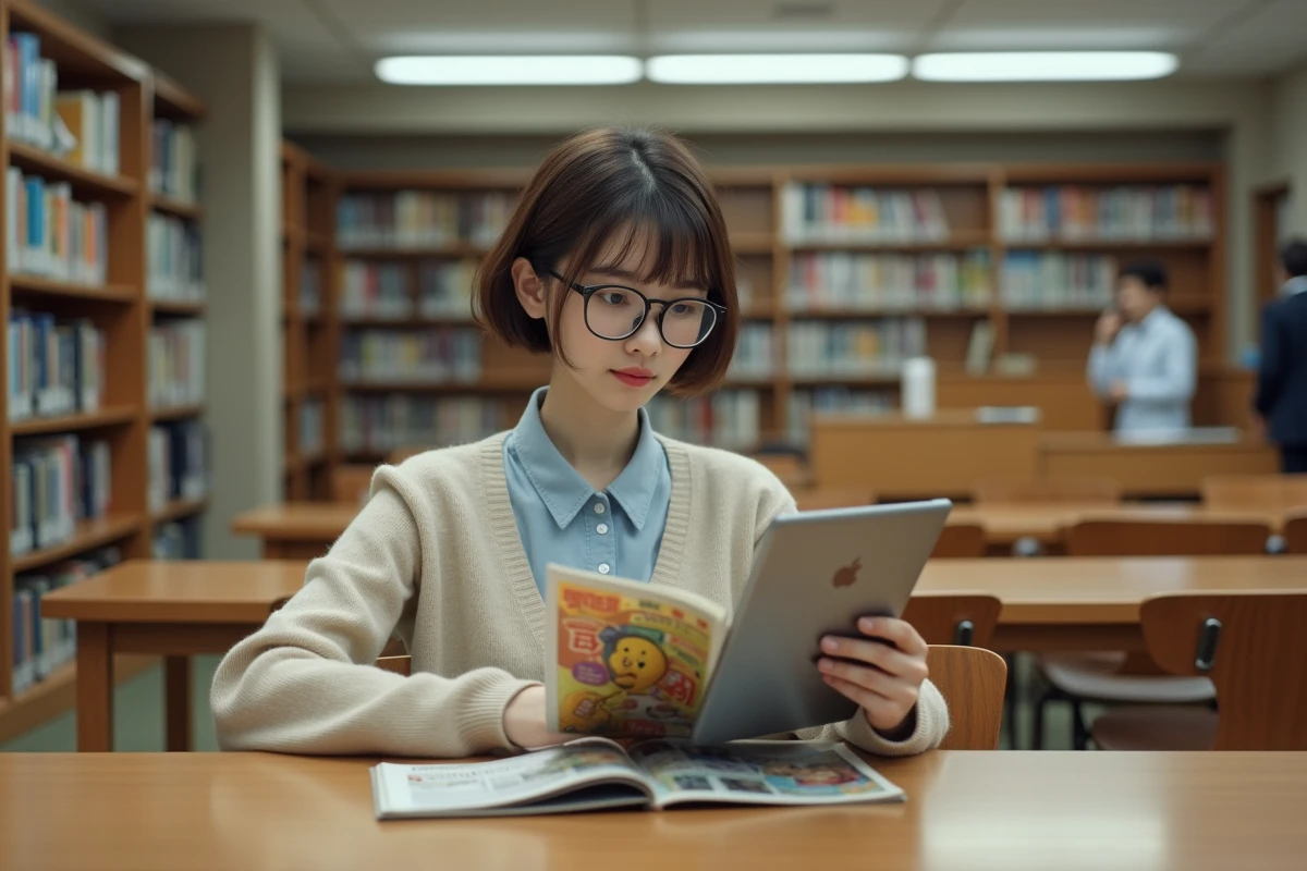 Femme lisant un manga dans une bibliothèque calme