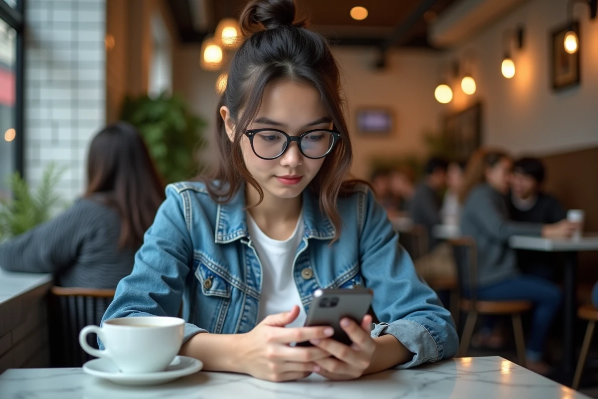 Jeune femme consultant un site de lecture de mangas sur smartphone dans un café en prenant des précautions de sécurité numérique