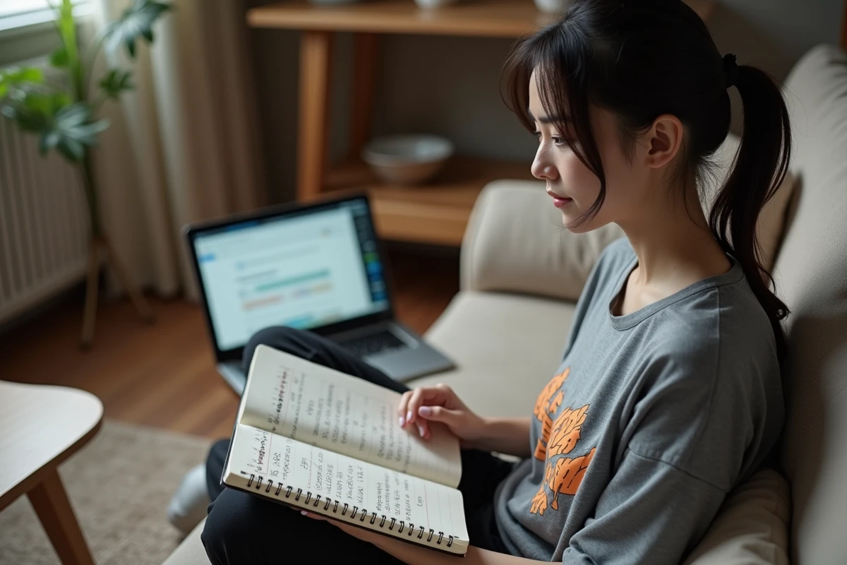 Femme prenant des notes sur les âges des personnages Dragon Ball dans un carnet sur un canapé confortable