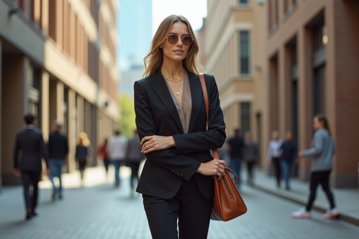 Femme confiante en tailleur chic dans la ville