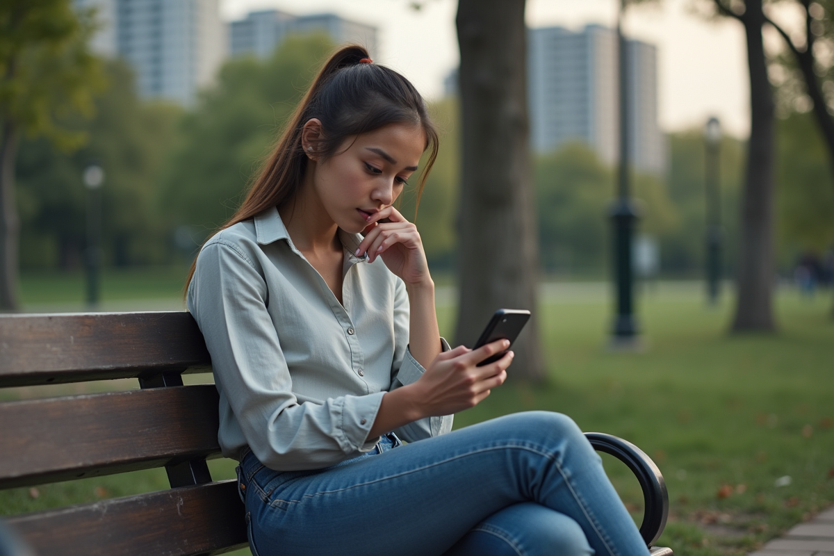 Femme curieuse utilisant son smartphone dans un parc