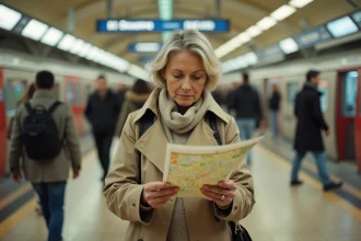 Femme tenant un plan de métro papier de Paris dans une station avec carrelage blanc et panneaux émaillés bleus