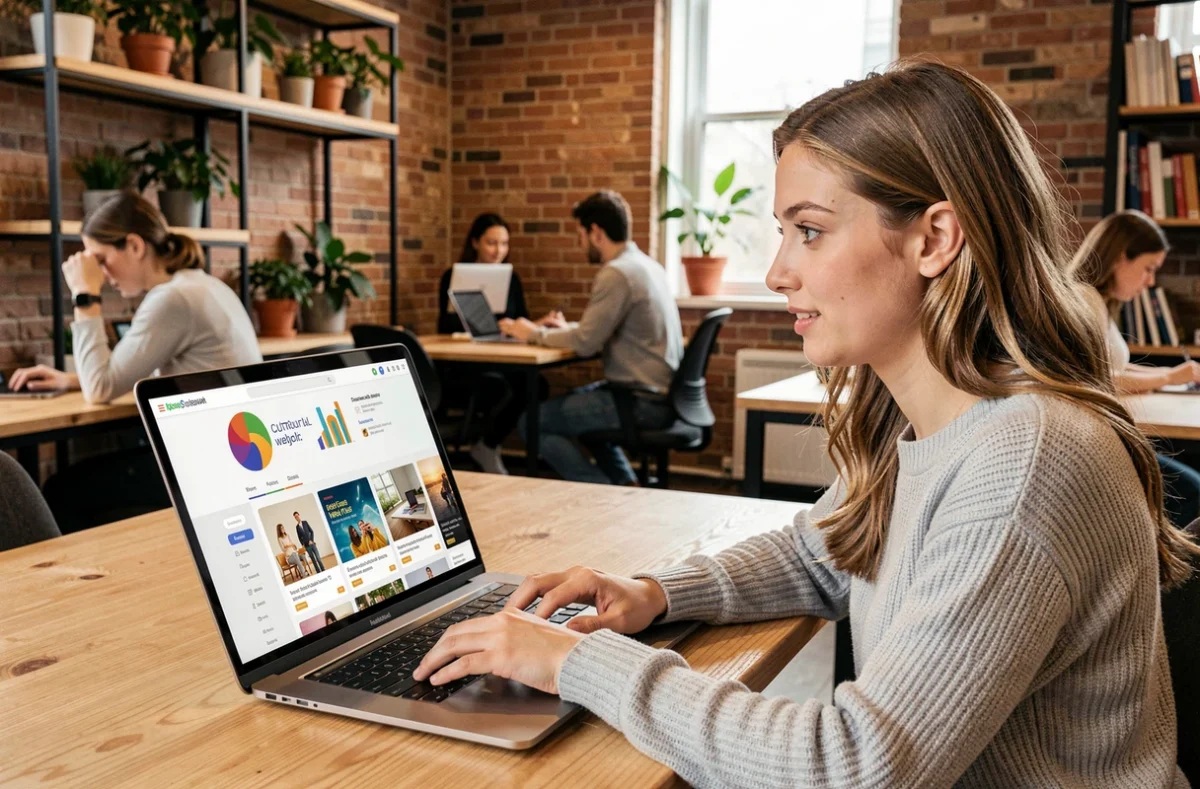 Jeune femme utilisant une plateforme culturelle web sur son ordinateur portable dans un espace de coworking moderne