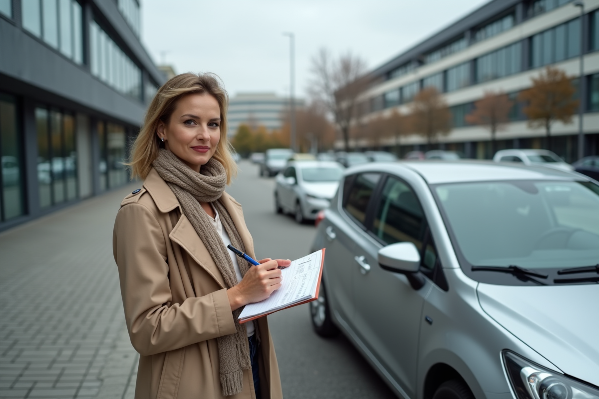 Femme documentant la lecture du compteur dans un parking urbain