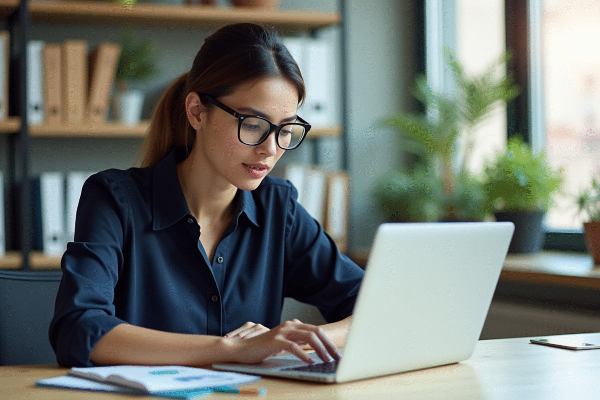 Jeune femme professionnelle regardant des graphiques sur son ordinateur