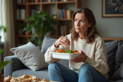 Femme assise avec repas à emporter dans son salon