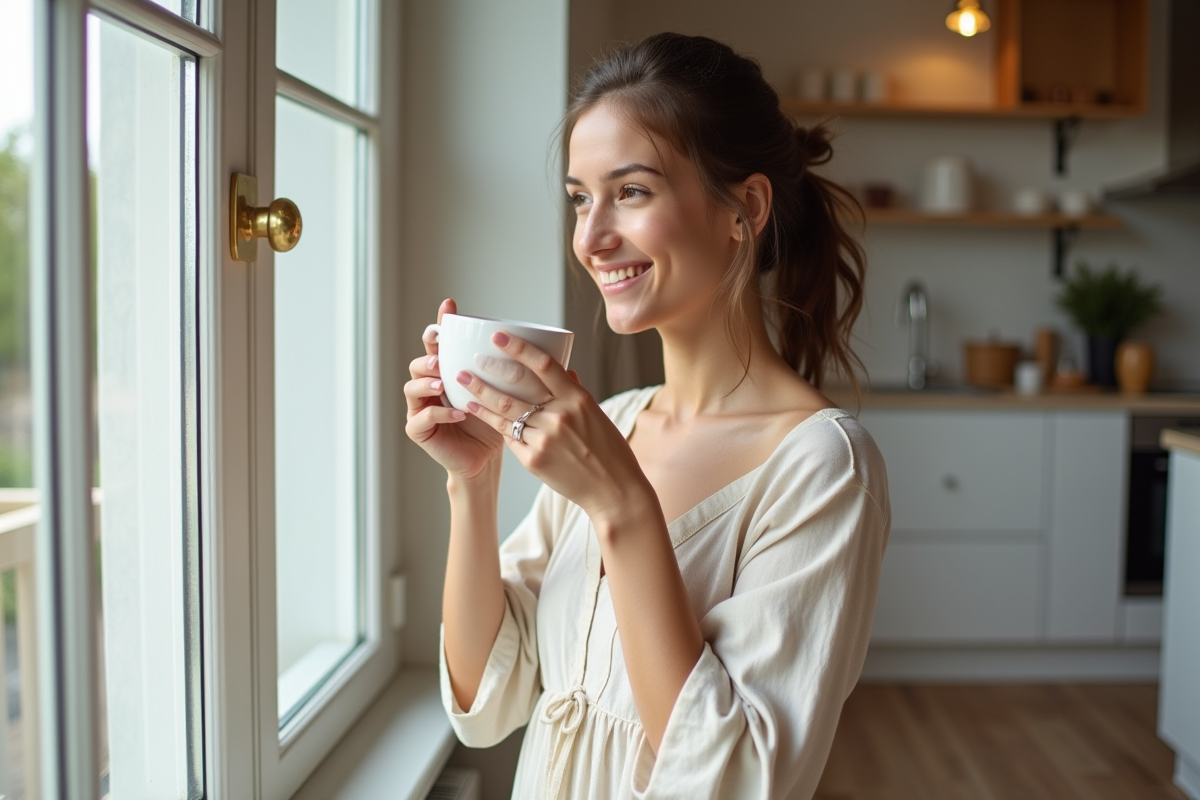 Jeune femme lisant un café dans un intérieur lumineux