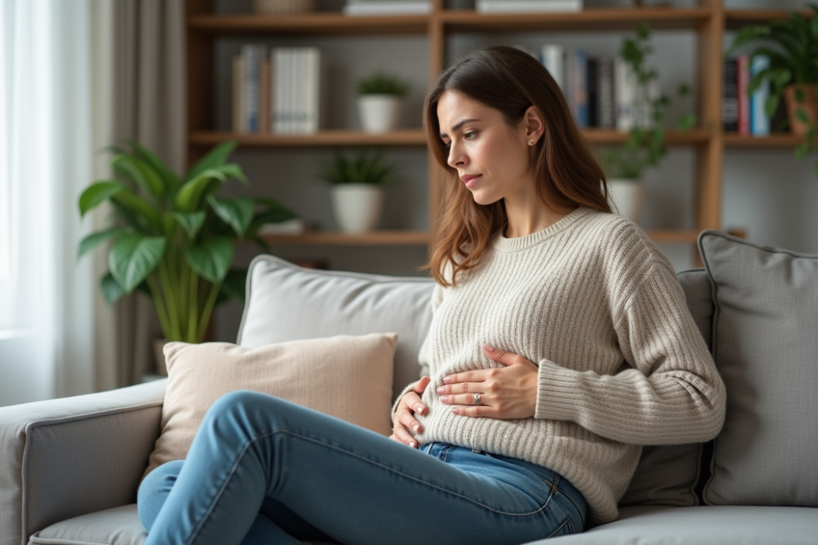 Femme assise sur un canapé avec une main sur le ventre
