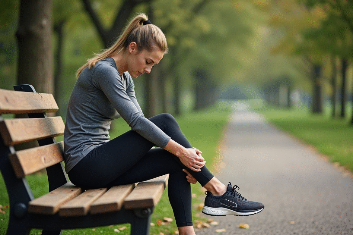 Femme en tenue de sport se massant la jambe dans un parc