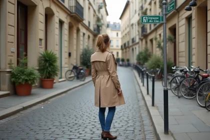 Femme en trench regardant le panneau rue Lilas
