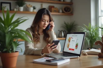 Jeune femme au téléphone à la maison avec ordinateur et plantes
