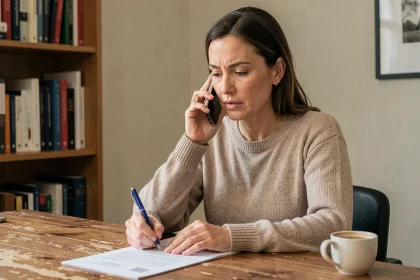 Femme au téléphone avec Pôle emploi pour inscription et actualisation mensuelle depuis son bureau à domicile