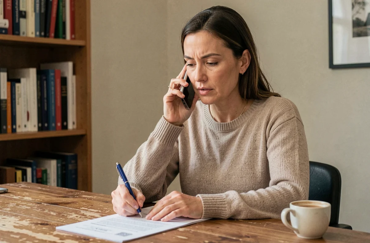 Femme au téléphone avec Pôle emploi pour inscription et actualisation mensuelle depuis son bureau à domicile